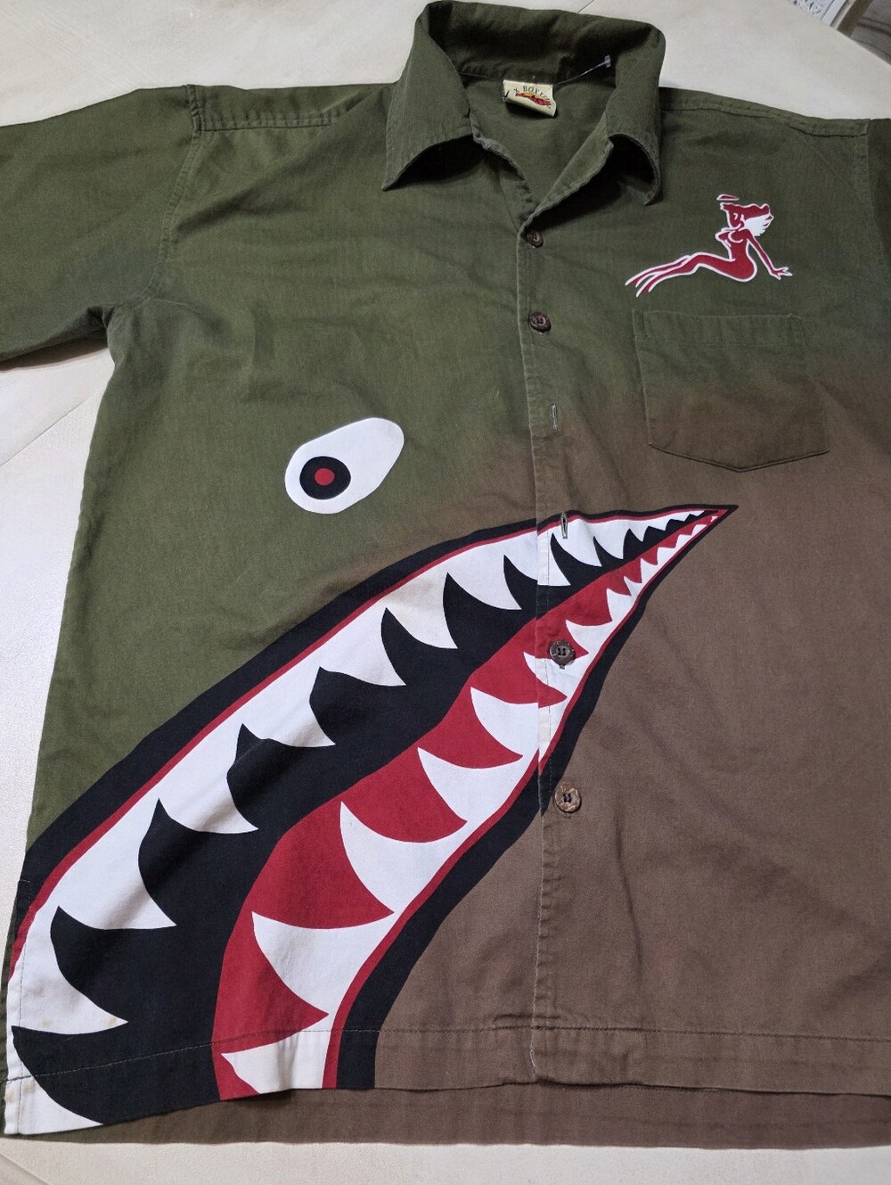 Max Boxxer Vintage Style Flying Tiger Shark Face Button Down Shirt Mens Size L - Picture 2 of 11